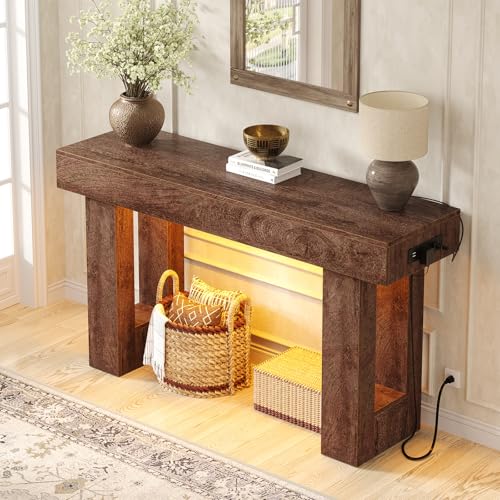 Unikito 47" Entryway Table with Socket and Sensor Light, Narrow Console Table with Storage Behind Couch, Farmhouse Entry Way Tables with Open Storage for Entrance/Hallway/Living Room, Rustic Oak Unikito