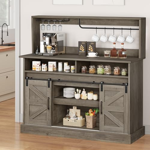 YITAHOME 52" Farmhouse Buffet Cabinet with Storage, Sliding Barn Door, Sideboard Cabinet with Goblet Holder, 5 Hooks and Power Outlets, Coffee Bar Cabinet for Kitchen, Living Room (Rustic Grey Oak) YITAHOME