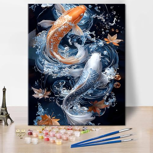 Adult Paint by Number Kits on Canvas, Paint by Numbers, Koi Fish Painting by Numbers Koi Adult Painting-by-Number Kits, DIY Oil Canvas Craft Kits for Home Decorations, 16 X20 Inch TUMOVO