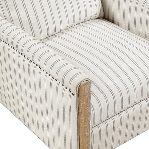 Lexicon Pushback Recliner Chair, Striped Textured Fabric Accent Armchair, Push Back Recliner, Nailhead Trim, Solid Wood Legs, Easy Assembly for Living Room/Office/Apartment, White/Grey Lexicon