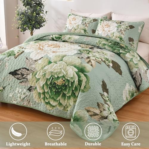 WONGS BEDDING Sage Green Floral Quilt Set King, 3 Pieces Elegant Flower Bedspread Coverlet for All Season Reversible Soft Microfiber Lightweight Quilt Bedding Set with 2 Pillow Shams 104"X90" WONGS BEDDING
