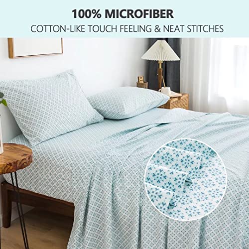KACEMOO Twin Bed Sheet Set Printed Blue Floral Pattern Cooling 1800 Microfiber Deep Pocket, Hotel Luxury, Super Soft, Breathable, Hypoallergenic, Wrinkle Free, Single Bedding for Kids - (Cyan & Boho) KACEMOO