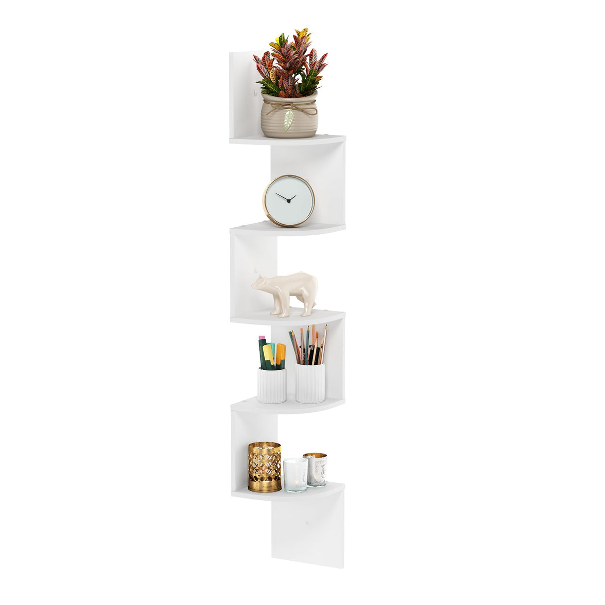 Furinno Rossi 5-Tier Wall Mount Floating Radial Corner Shelf, White Furinno