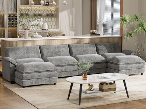 YESHOMY Sectional Modular Sofa U Shaped Chenille Fabric Couch with High Supportive & Soft Sponges and Removable Ottoman, Sleeper Comfy Upholstered Furniture for Living Room, Grey YESHOMY