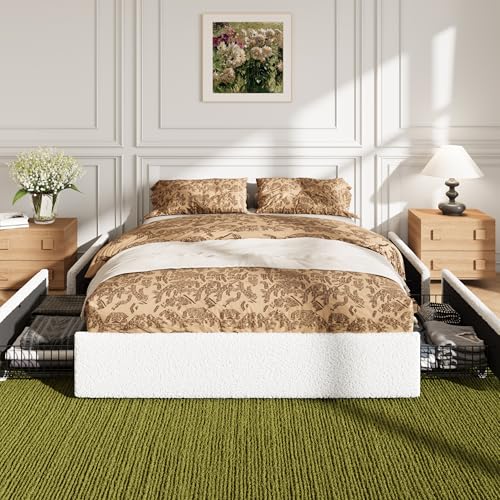 Allewie Full Size Bed Frame with 4 Oversized Storage Drawers, Soft Teddy Fabric, Boucle Upholstered Platform Bed, Wooden Slats Support, Noise-Free, No Box Spring Needed, Easy Assembly, White Allewie