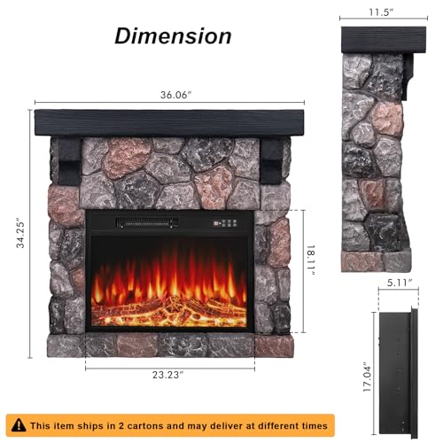 BOSSIN 36" Electric Fireplace with Mantel, 23 inch Electric Fireplace Insert, TV Stand Freestanding Heater with Remote Control Timer LED Flame for Living Room Bedroom,Faux Stone Gray BOSSIN