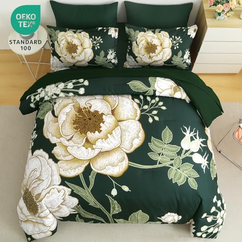 Luxudecor Floral Comforter Set Queen Size 7 Pieces Bed in a Bag,Beige Flower Print on Dark Green Bedding Set,Soft Microfiber Bedding Set for All Season (Dark Green,90"x90") Luxudecor
