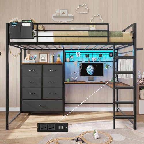 DICTAC Twin Loft Bed with L-Shaped Desk and 7 Storage Drawers,Metal Twin Size Loft Bed for Kids with LED Lights and Charging Station,13.11" H Safety Guardrail and Ladder,No Box Spring Needed, Black DICTAC
