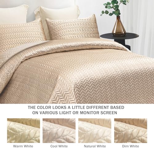 Whale Flotilla Silky Soft Satin Quilt King Size, Luxury Reversible Lightweight Bedspreads Covelets for All Seasons, Leaf Stitched Pattern Bedding Set with Satin Pillowcases, Champagne Whale Flotilla
