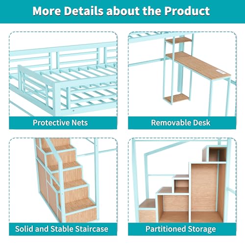 Ball & Cast Heavy Metal Full Size Loft Bed with Desk & Wardrobe,Bed Frame w/Built-in Staircase and Storage Rack,Gaming Bed w/Full-Length Guardrail,Space-Saving Bedroom Furniture for Adults,Green Ball & Cast