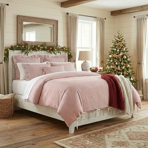 Piper Classics Farmhouse Ticking Stripe Duvet Cover Bedding, Red & Off-White, King 92x108, Comforter Cover w/Twill Ties, Soft, Comfortable, Farmhouse Bedroom Décor Piper Classics