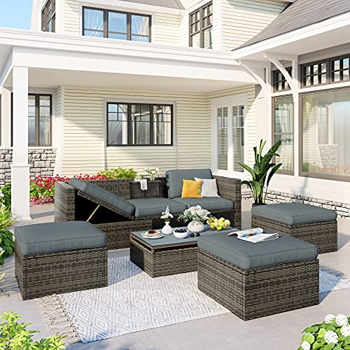 Goohome 5 Pieces Outdoor Patio Sectional Sofa Couch, PE Wicker Furniture Conversation Sets with Adustable Backrest & Washable Cushions & Ottomans & Glass Coffee Table for Garden, Poolside, Backyard Goohome