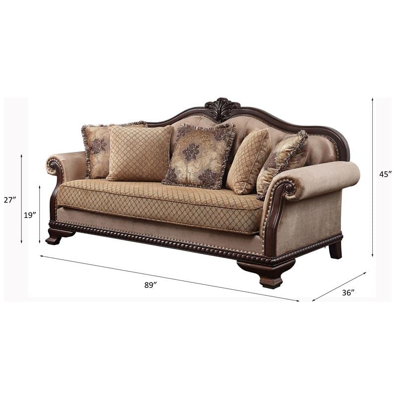 Acme Chateau De Ville Fabric Tufted Sofa with 5 Pillows in Espresso Acme