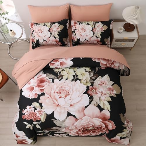 Floral Comforter Set King Size 7 Pieces Black Pink Floral Bed in a Bag, Complete Bedding Sets Elegant Flower Bed Set Comforter for All Season with Flat Sheet, Fitted Sheet, Pillowcases & Shams Dintszyayue