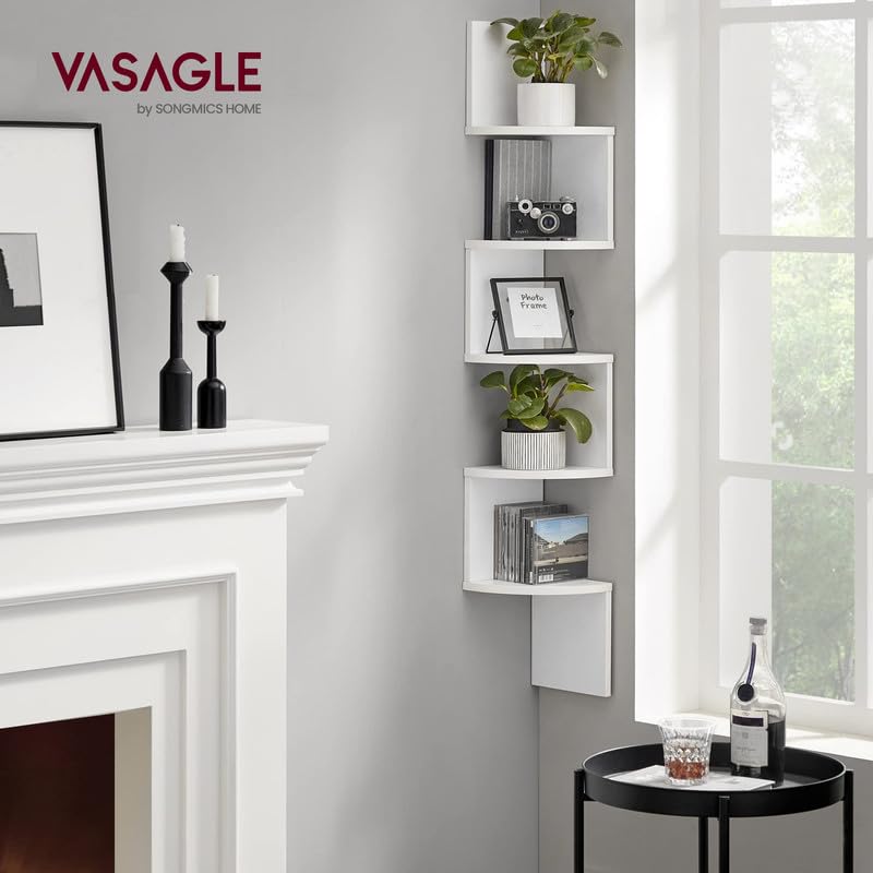 VASAGLE Corner Shelf Wall Mount, 5-Tier Floating Corner Bookshelf, Plant Shelf for Bedroom, Living Room, Bathroom, Home Office, Cloud White VASAGLE
