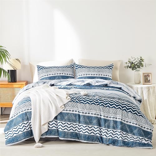 BOLINLIVING Twin Comforter Set Kids, Boho Stripe Comforter Set Twin Size, Twin Bed in a Bag Soft Bohomian Bedding Lightweight Breathable for All Seasons (Blue 66×90 inch) BOLINLIVING