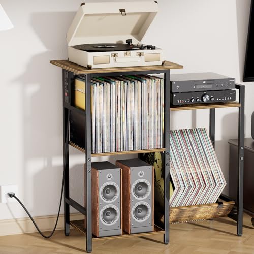 HYPIGO Record Player Stand with Power Outlets, Turntable Stand with Vinyl Record Storage Holds 300+ Albums, Record Player Table with Vinyl Display Holder for Living Room HYPIGO