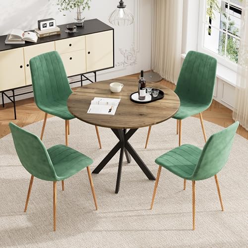 HAIZAO Small Round Dining Table Set for 4, 31.5'' Mid Century MDF Kitchen Table Set & 4 Green Wooden Velvet Dining Chairs, 5-Piece Retro Circle Dining Room Table Set for Home Apartment HAIZAO