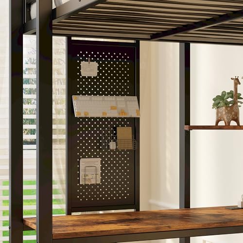 LIKIMIO Black Twin Metal Loft Bed with Integrated Desk, Shelves, and LED Lights for Teens and Adults LIKIMIO