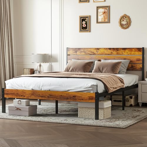 OLIXIS Queen Size Bed Frame with Headboard, 800LBS Mattress Foundation with All Sturdy Metal Support, Under Bed Storage, No Box Spring Needed, Easy Assembly, Rust Brown OLIXIS