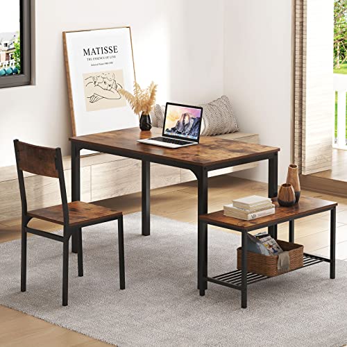 soges 4 Person Dining Table Set, 43.3inch Kitchen Table Set for 4, Dining Room 2 Chairs with Backrest, 2-Person Bench with Storage Rack, Vintage Brown soges