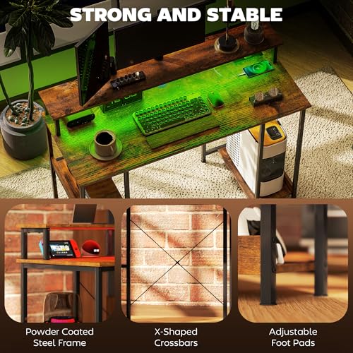 HOMCOM 47" Gaming Desk with Power Outlets and LED Lights, Reversible Computer Desk with Monitor Stand and 2-Tier Storage Shelves, Cable Management, for Home Office, Rustic Brown HOMCOM