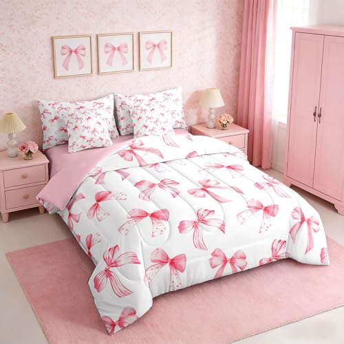 Feelyou Pink Bow Bed Set for Kids Boys Girls Queen Size Cute Dreamy Princess Style 7 Pieces Beeding Set Ultra Soft Bow Pattern Bed in a Bag with Comforter, Sheets, Pillowcases Bowknot Room Decor Feelyou