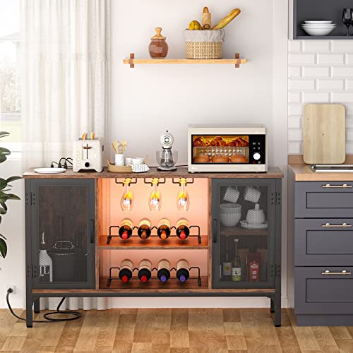 Homieasy Wine Bar Cabinet with Led Lights and Power Outlets, Industrial Coffee Bar Cabinet for Liquor and Glasses, Farmhouse Bar Cabinet with Removable Wine Racks, Rustic Brown Homieasy