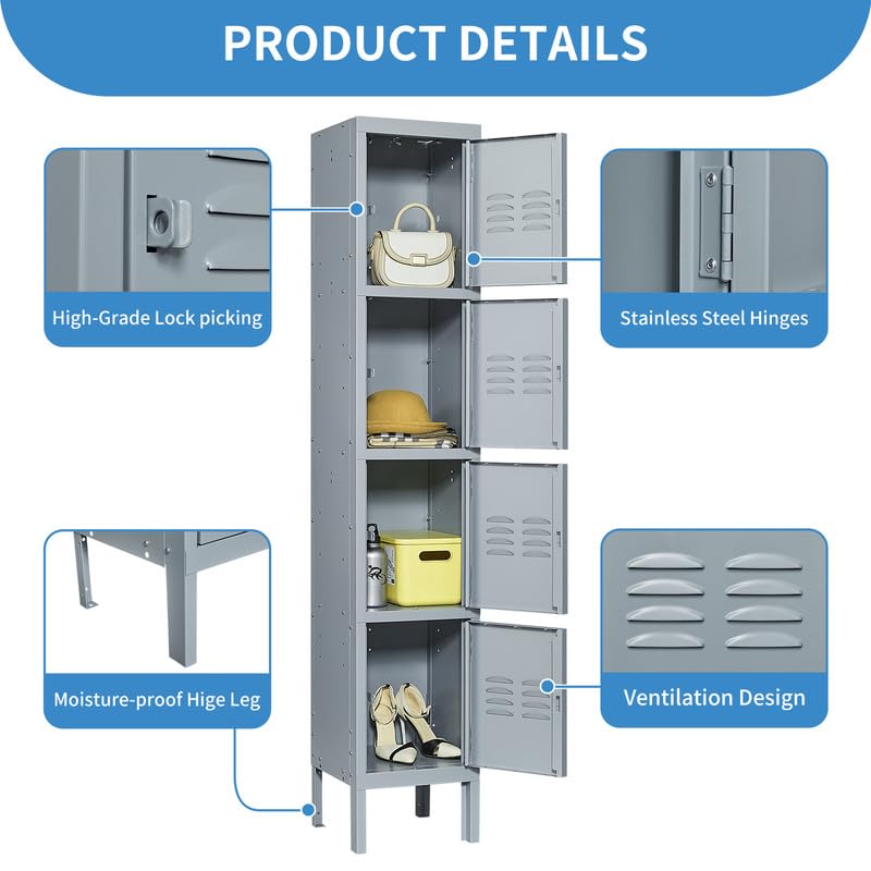 BIZOEIRON 4 Doors Locker for Employees, Metal Locker Storage Cabinet for Home Office School Gym, Lockable, Require Assembly (Grey) BIZOEIRON