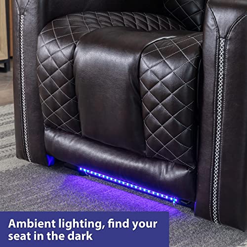 CANMOV Electric Power Recliner Chairs with USB Ports and Cup Holders, Breathable Faux Leather Home Theater Seating Recliner with Hidden Arm Storage, Ambient Lighting, Black CANMOV