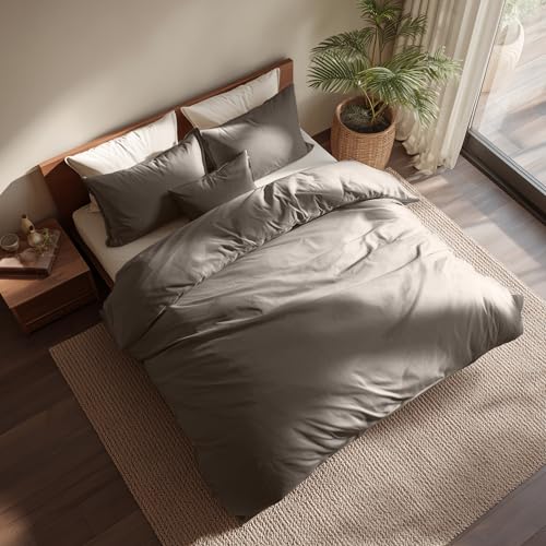 Seragio Duvet Cover Set – Lightweight & Breathable 100% Cotton Single-Layer Fabric, Tie Closure Duvet Cover + 2 Pillowcases, Machine Washable, 6 Colors,No Duvet Insert Included (Brown, Queen) Seragio