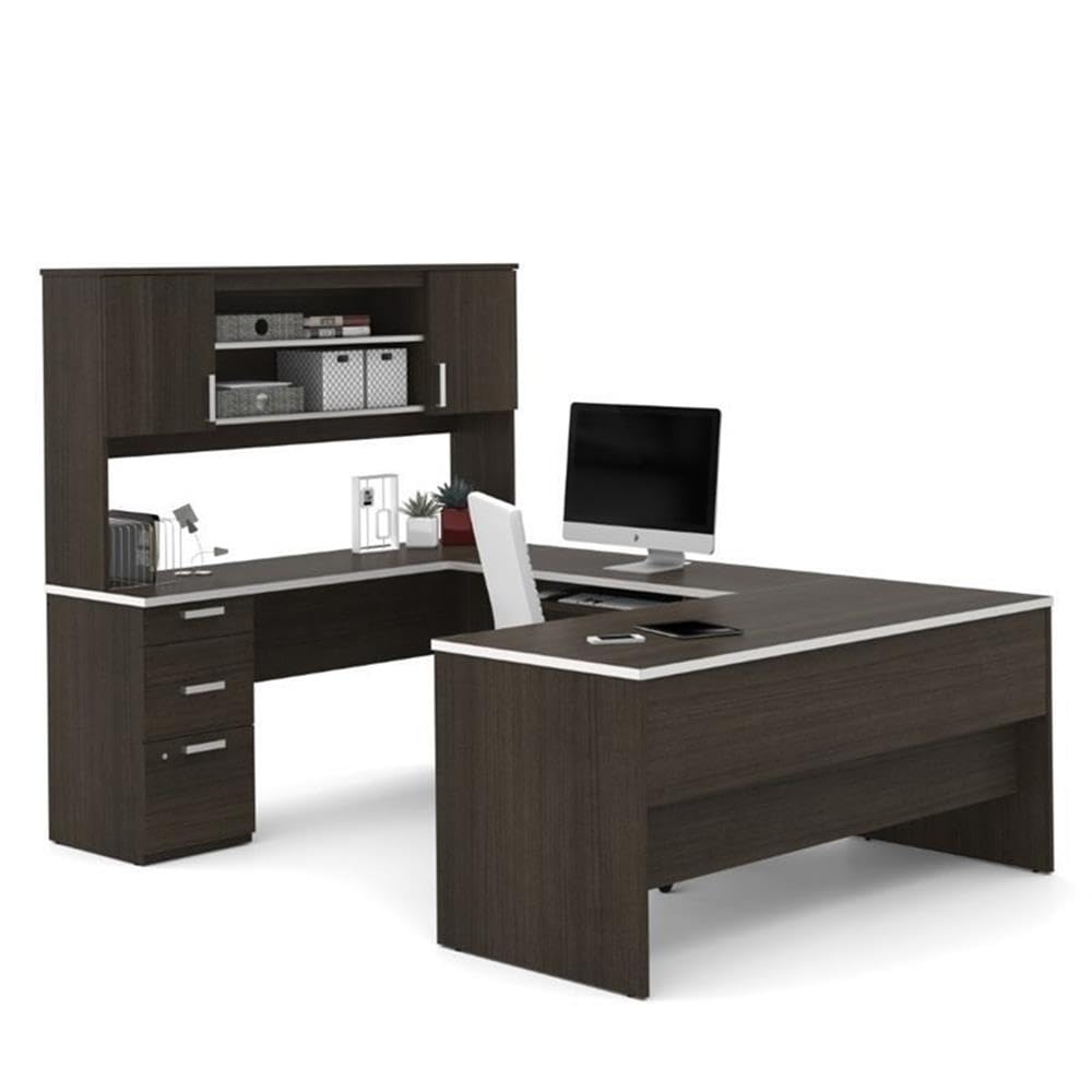 Pemberly Row U Shaped Modern Executive Computer Desk with Pedestal and Hutch in Brown Chocolate Pemberly Row