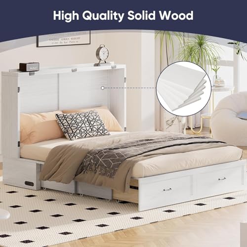 ijuicy Queen Size Murphy Bed with Mattress Included, Farmhouse Murphy Cabinet Bed with Multifunctional Charging Station & Storage Drawers,Space-Saving Hideaway Bed for Guests-Pure White,with Mattress