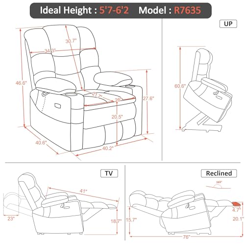 MCombo Big Man Power Lay Flat Lift Chair, Oversized Triple Motor Power Lift Recliner with Massage & Dual Heating, Adjustable Headrest, Faux Leather R7635 (Dark Grey, Large-Oversize)