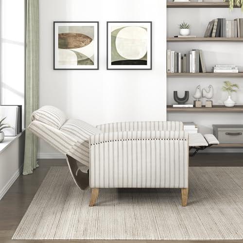 Lexicon Pushback Recliner Chair, Striped Textured Fabric Accent Armchair, Push Back Recliner, Nailhead Trim, Solid Wood Legs, Easy Assembly for Living Room/Office/Apartment, White/Grey Lexicon