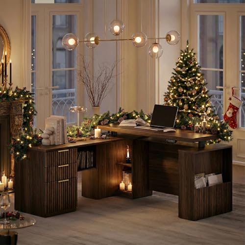 Perledesign 63 Inches L Shaped Electric Standing Desk, Executive Height Adjustable Desk with Drawers and File Cabinet, AC/USB, 1.18" Desktop and Privacy Panel for Home Office, Black Walnut Perledesign