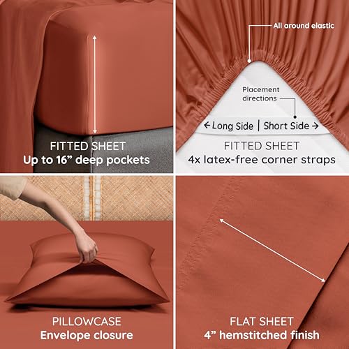 Bambaw 100% Viscose Derived from Bamboo Sheets Queen Size Set – 4pcs Cooling Sheets Queen, Luxury Bedding, Soft & Breathable, Deep Pocket Fits Up to 16'' Mattresses (Terracotta) Bambaw