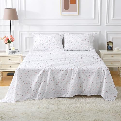 Softan Pink Floral Full Sheet Set Flower Printed Bed Sheets Double - 4 Piece Microfiber Patterned Fitted Bed Sheets with 15" Deep Pocket & Straps, Cozy Cute Pink Sheets and Pillowcase Set Softan