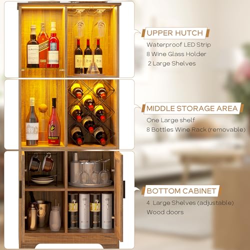 Kasibie Wine Cabinet, Wine Bar Cabinet with LED Lights, Liquor Cabinet with Glass Holder Wine Rack, Farmhouse Modern Liquor Cabinet with Storage for Home (Brown) Kasibie