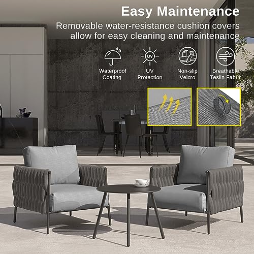 EAST OAK Life Chatter 3-Piece Patio Bistro Set, 2 Armchairs with Thick Cushion & Coffee Table,Deep Seating Patio Furniture for Garden Porch Balcony, Earth Black & Misty Grey EAST OAK