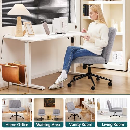 OLIXIS Criss Cross Chair with Wheels Wide Cross Legged Office Desk Vanity Chair Comfy Fabric Armless Adjustable Swivel for Home Computer Task Gray OLIXIS