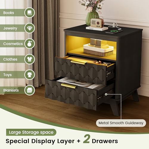 Gurexl 3-Color LED Night Stands Set of 2, Modern Nightstand with Charging Station&Human Body Sensing, 2-Drawer Wood Bedside Table for Bedroom,Black Gurexl