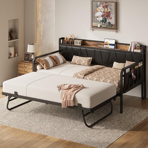 LIKIMIO Daybed with Trundle Bed, Twin Bed Frame with Storage Headboard and Charging Station, Sofa Day Bed with Strong Supports for Living Room, Bedroom, and Guest Room, Black LIKIMIO