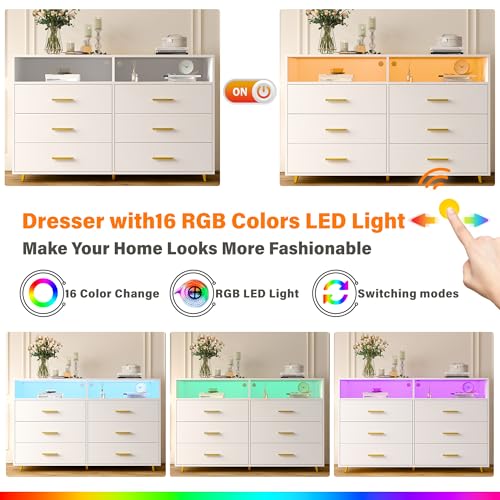 EnHomee Wooden Dresser for Bedroom with LED Lights, 47.3" W White Dresser for Bedroom, 6 Drawer Dresser TV Stand, Modern Dresser with Large Organizer for Bedroom, Living Room, Hallway, White EnHomee