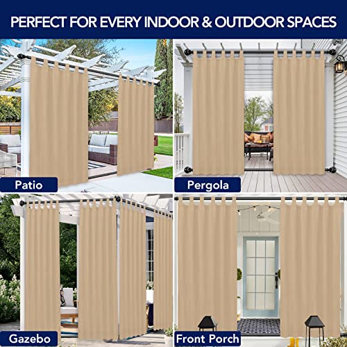 PureFit Outdoor Curtains for Detachable Sticky Tab Top Patio Waterproof/Weatherproof, UV and Fade Resistant Outside Curtains for Gazebo, Porch, Pergola, Privacy Curtain, 54 x 84 inch, 2 Panels, Beige PureFit