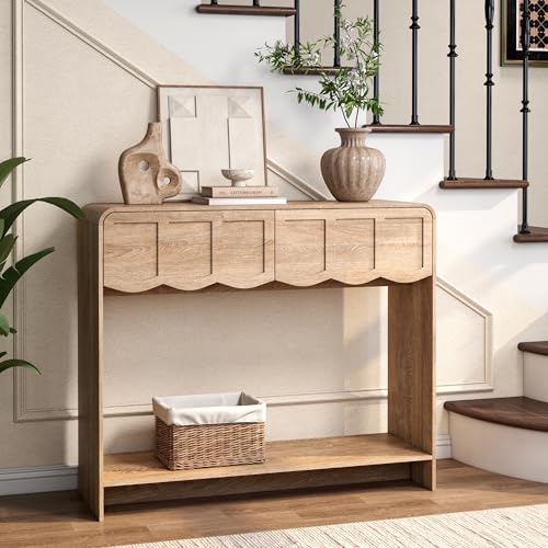 Topbele Console Table with 2 Drawers, Mid-Century Modern 42" Entryway Table with Open Storage Shelves, Sofa Table Behind Couch for Living Room, Hallway, Natural Topbele