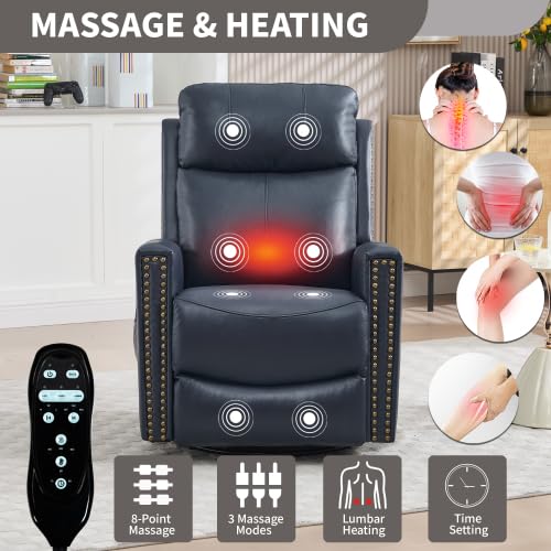 Genuine Leather Swivel Rocker Recliner Chair for Adults, Manual Glider Rocking Chair for Nursery with Vibration Massage & Lumbar Heat, Rivet Design Single Sofa for Living Room, Blue