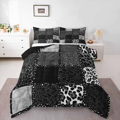 Erosebridal Grey Leopard Print Full Size Comforter Sets for Kids Boys Girls,Animal Skin Texture Bedding Set,Patchwork Geometric Duvet Insert,Farmhouse Quilt Bedroom Decor Erosebridal