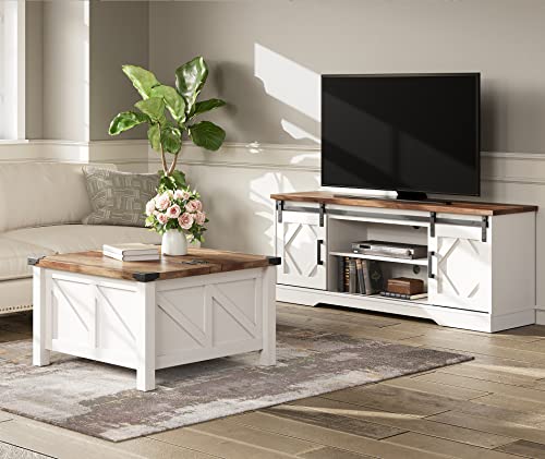 WAMPAT Modern Farmhouse Coffee Table, Square Wood Center Table with Gas Struts Lift-Top for Extra Large Hidden Storage, Metal Bracket Corner, Z-Shaped, White WAMPAT