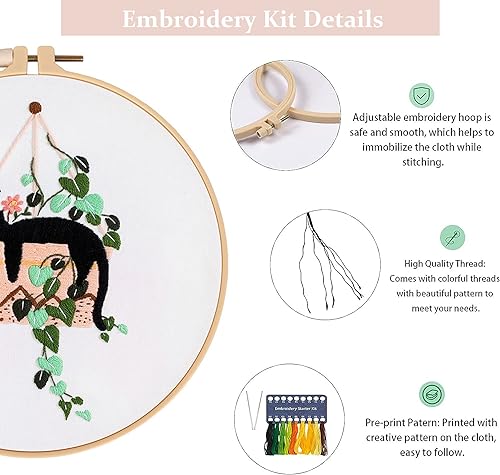 GLTAYLMY 3pcs Embroidery Kit for Beginners DIY Adult Beginner Embroidery Kits with Cat Pattern 1 Embroidery Hoops Needles Threads and Instructions